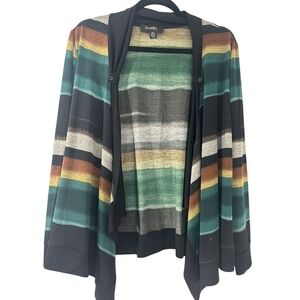 Dusak Designs Green Striped Open Front‎ Cardigan Shawl Collar Made in Canada